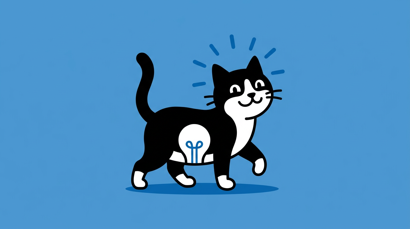 Idea Cat, a black and white cat with a light bulb on its side
